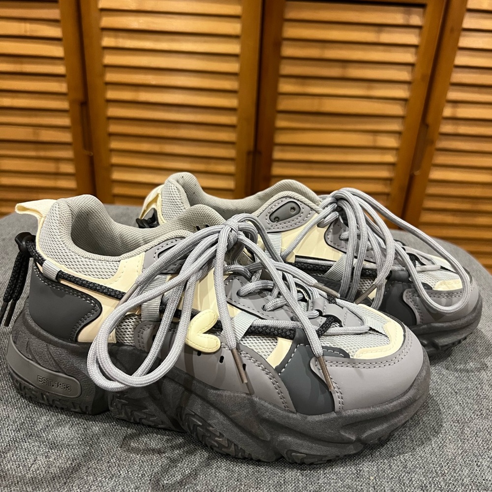 Gray and Cream Chunky Sneakers with Heart Charm - Picture 2 of 5